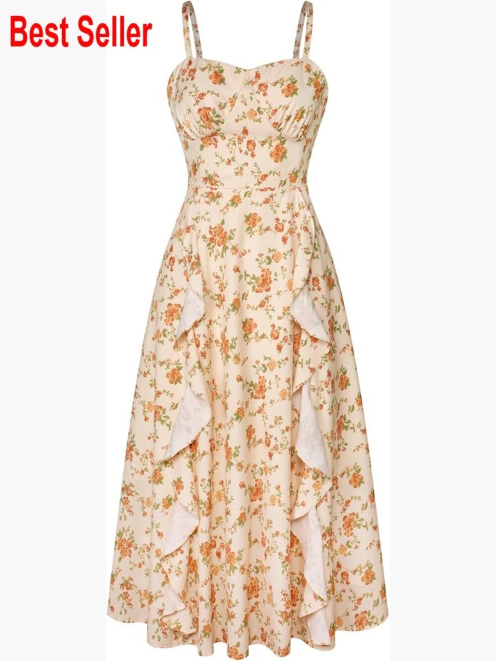 Polyester Blend Floral Midi Sun Dress With Ruffle Details